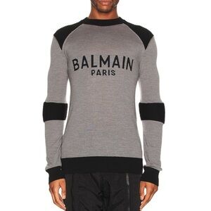 Balmain Men’s Gray/Black Paneled Sweater Shoulder Ribbed Crewneck Sz XL Luxury